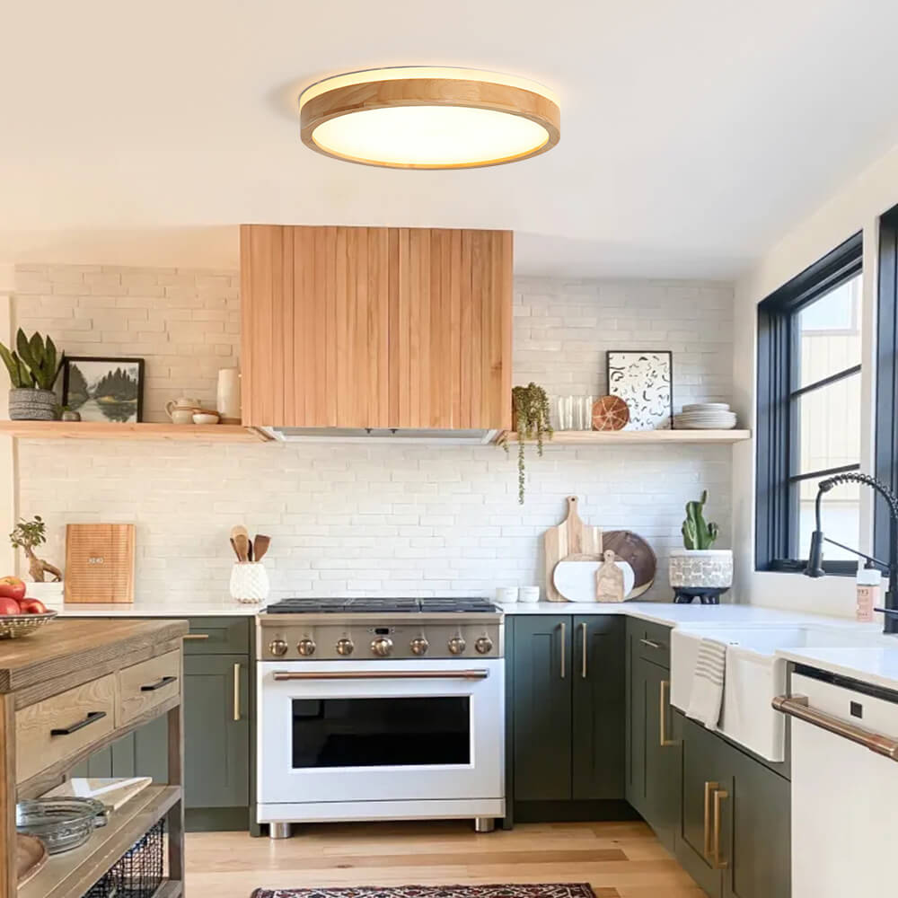 Scandinavian Dimmable Wood LED Flush Mount Light